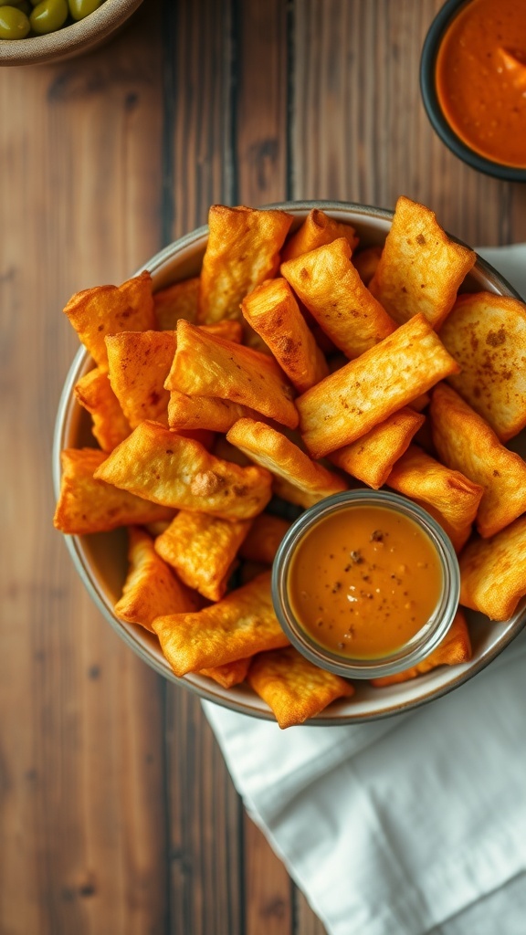 A bowl of golden crispy kuku chips with a dipping sauce on a rustic table.